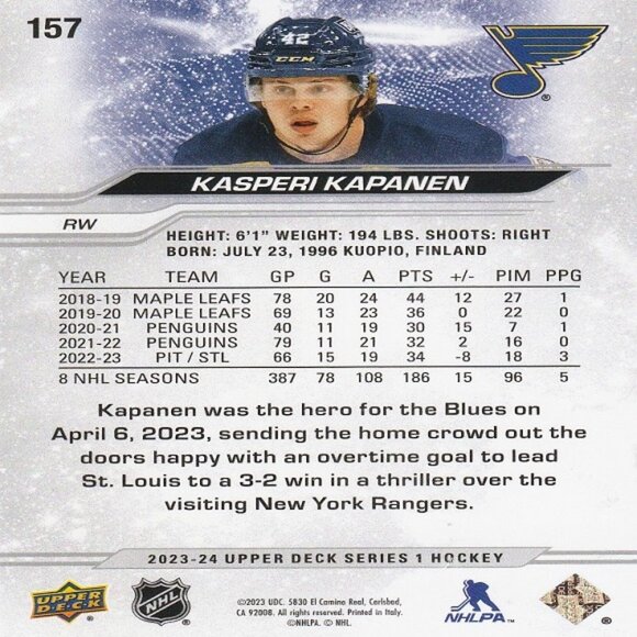 Kasperi Kapanen - 2023/2024 Upper Deck Series 1 Hockey Card - Picture 2 of 2
